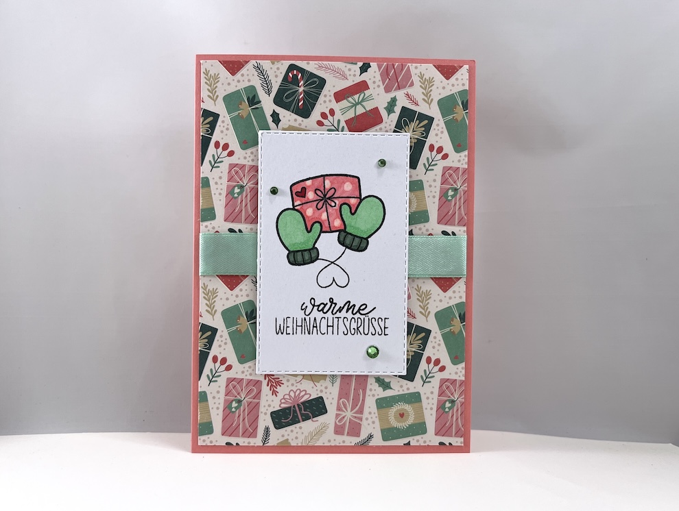 Weihnachtskarte -Handschuhe mit Geschenk-